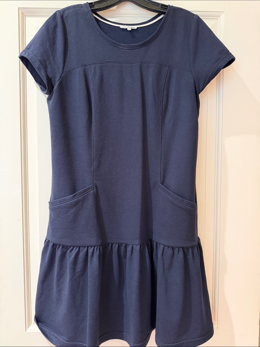 Casual Navy Short-Sleeve Drop-Waist Dress with Pockets